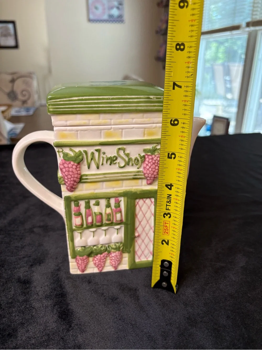 Wine Shop Ceramic Teapot in Green and Pink - Decorative Home Kitchen - Picture 8 of 8